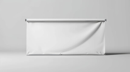 A 3D rendered indoors scene with a blank white hanging textile banner