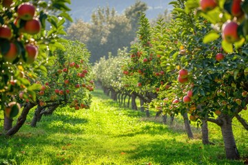 Fototapeta na wymiar An expansive apple orchard filled with numerous trees and vibrant green grass, A picture-perfect orchard brimming with ripe and juicy fruit under a clear sky, AI Generated