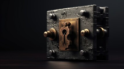 Old metal door lock with keyhole and key in the shape of a heart - obrazy, fototapety, plakaty