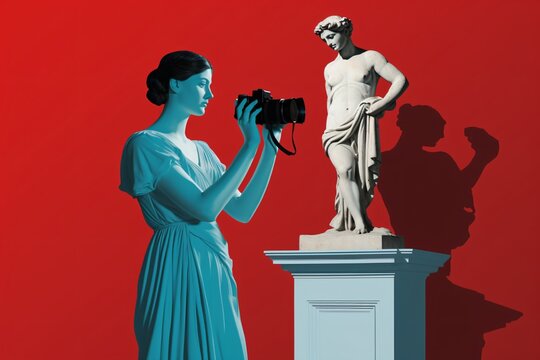 a woman taking a picture of a statue