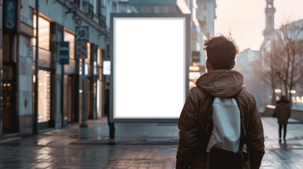 A man is seen from behind, contemplating an empty billboard on an urban street, suggesting introspection and potential