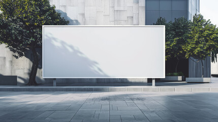 This image captures an empty billboard in a sleek, contemporary public square bathed in soft light and shadows