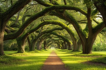 A winding dirt road snakes its way through a forest of trees adorned with vibrant green moss, A...