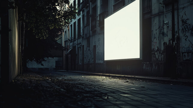 The image features an eerie, desolate street at dusk with a vandalized blank billboard adding to the unsettling atmosphere