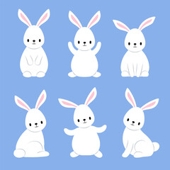 Set of cute, white rabbits in different poses. Easter bunnies are drawn in a flat style. - 757185312
