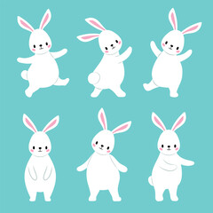 Set of cute, white rabbits in different poses. Easter bunnies are drawn in a flat style. - 757185313
