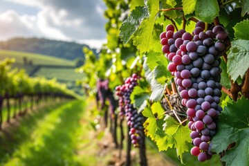 A cluster of ripe grapes growing on a vine, ready for harvesting, A picturesque vineyard with heart-shaped grape clusters, AI Generated - obrazy, fototapety, plakaty