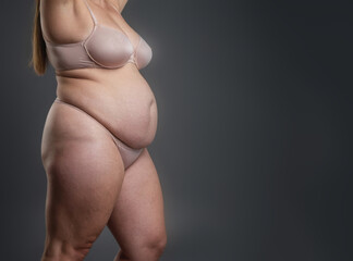A woman with a large belly is wearing a bra and panties. Concept of confidence and self-assurance, as the woman stands tall and proud despite her weight. Gray background