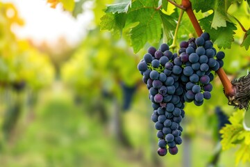 A close-up view of a cluster of ripe grapes hanging from a vine in a lush vineyard, A picturesque...