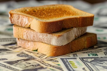 Three Pieces of Toast on Top of a Pile of Money, A piece of bread transforming into a pile of money to signify hyperinflation, AI Generated - obrazy, fototapety, plakaty