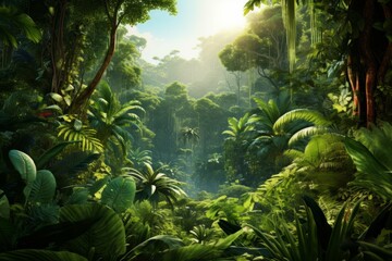 A lush tropical rainforest with tall trees and a diverse array of plants, isolated on white background