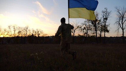 Soldier of ukrainian army running with raised blue-yellow banner on field at dusk. Young male military in uniform jogging with flag of Ukraine at meadow. Victory against russian aggression concept - 757185399