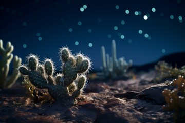 Fototapeta na wymiar A cactus in the desert with a starry night sky
