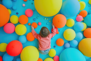 Fototapeta na wymiar A young girl stands in a colorful pool filled with balloons, creating a vibrant and playful scene, A playful blend of vivid colors suggesting childlike joy and innocence, AI Generated