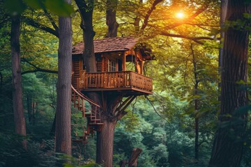 A wooden tree house stands amidst tall trees in a lush forest, A playful treehouse in a forest filled with youthful laughter and joy, AI Generated
