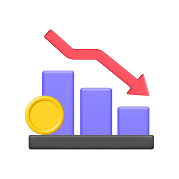 3d money chart with red down arrow isolated on white background. Business and finance concept. Cartoon minimal style. Money coins icon render illustration.