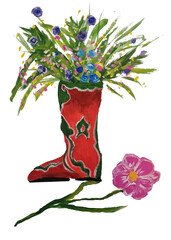 Tatar red boots ,shoes with a national traditional oriental pattern, green ornament with a bush,a bouquet of spring watering flowers of blue blue,yellow pink inflorescences with green grass