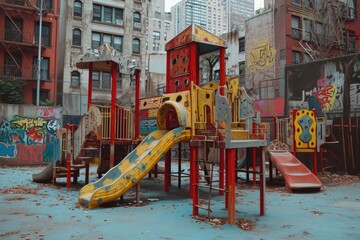Fototapeta na wymiar A vibrant playground featuring a central yellow slide surrounded by various play structures and children engaging in active play, A playground in the middle of an urban jungle, AI Generated