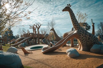 A lively group of giraffes playfully engage with each other in a designated play area, A playground...