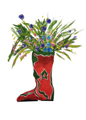 Tatar red boots ,shoes with a national traditional oriental pattern, green ornament with a bush,a bouquet of spring watering flowers of blue blue,yellow pink inflorescences with green grass