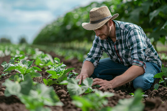 Farmer working in the field, examining crop. Agriculture and farming concept with focus on sustainable practices. Rural landscape and farm life depicted in natural light