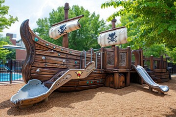 A wooden pirate ship playground featuring a slide, providing exciting play opportunities for...