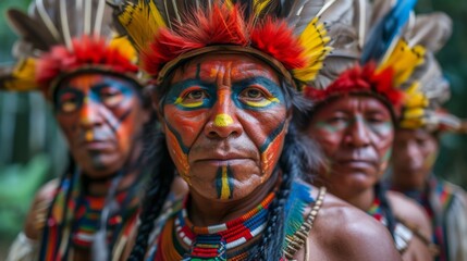 Intense close-up of Amazonian tribespeople in regalia - obrazy, fototapety, plakaty