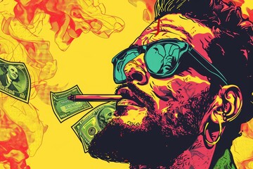 A man wearing sunglasses holds a lit cigarette in his mouth, A pop art inspired visuals of money and wealth, AI Generated