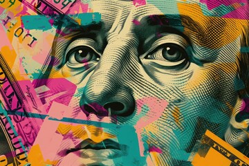 A painting featuring the detailed likeness of a mans face encircled by stacks of currency, A pop art inspired visuals of money and wealth, AI Generated