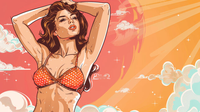 A vibrant pin-up style illustration of a woman in a playful pose with a cloud and sunbeam background