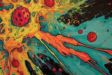 A vibrant painting showcasing a variety of colorful substances on a blue background, A pop-art...