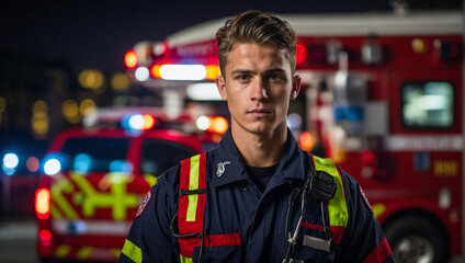  a young emergency medical technician standing in front of an ambulance, surrounded by emergency equipment. 
