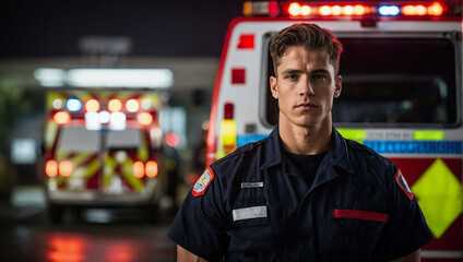  a young emergency medical technician standing in front of an ambulance, surrounded by emergency equipment. 
