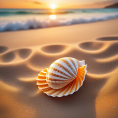 Seashells lie on the sand of the sea beach