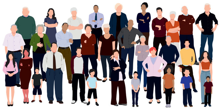 Multinational group of people isolated on white background. Children, adults, teenagers and elderly people or senior citizen standing together.