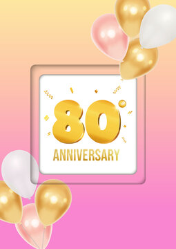 Bright anniversary celebration flyer poster with balloons and golden numbers 80