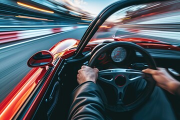 A person is driving a car on a crowded highway in an urban area, A POV from the driverâ€™s seat during a high-speed sport car race, AI Generated - obrazy, fototapety, plakaty