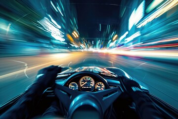 Car Driving Down a Busy City Street at Night, A POV from the driverâ€™s seat during a...