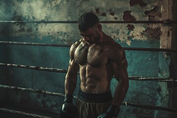 A shirtless man confidently stands in a boxing ring, ready for the next round of intense physical training, A powerful boxer training in a grunge-style boxing gym, AI Generated