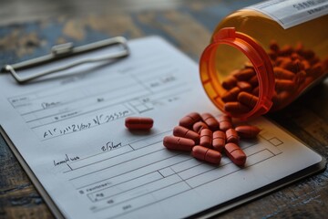 A wooden clipboard with various pills spilling out, representing a medical prescription medication concept, A prescription pad with opioids written on it, AI Generated