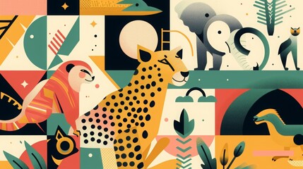 the geometric flat 2d illustration features an assortment of animals, in the style of bold graphic shapes, michael malm, light pastel colors, bold posters, junglecore, shape collage, joyful