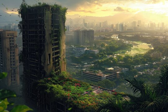 Impressive High-rise With Overgrown FaÃ§ade, A post-apocalyptic cityscape overgrown with flora and devoid of people, AI Generated