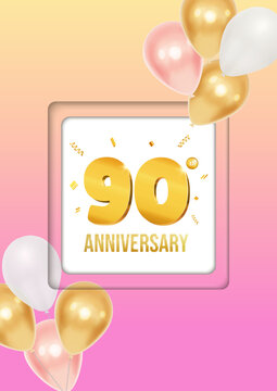 Bright anniversary celebration flyer poster with balloons and golden numbers 90