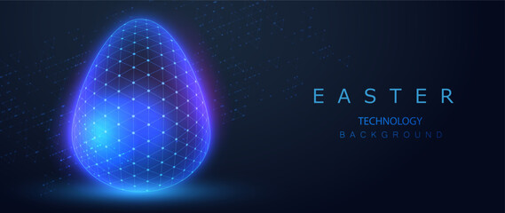 Wireframe egg technology and biology design. Happy Easter Day. Ai neon holiday banner concept. Connect cyber light new life science vector.