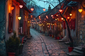 A cobblestone street lined with lanterns strung across, casting a warm glow, A quaint cobblestone street lined with heart-shaped lanterns, AI Generated