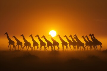 Herd of giraffes walking at sunset creating a silhouette contrasting with the horizon