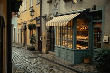 Fototapeta na wymiar A cobblestone street with a bakery prominently displayed in the window, showcasing various breads and pastries, A quaint little bakery shop nestled on a cobblestone street, AI Generated