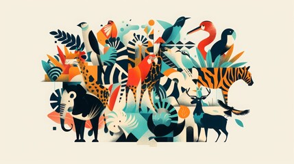 the geometric flat 2d illustration features an assortment of animals, in the style of bold graphic shapes, michael malm, light pastel colors, bold posters, junglecore, shape collage, joyful