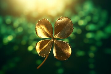A four-leaf clover with a golden hue, illuminated by a bright light from the side - obrazy, fototapety, plakaty