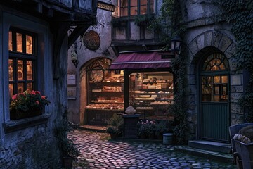 A photograph of a cobblestone street with a store illuminated at night, showcasing the charming...